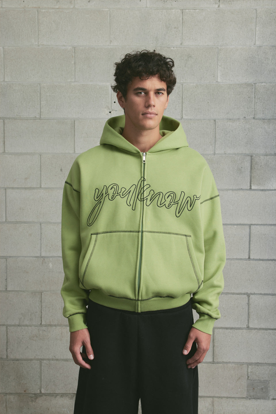 Contrast Stitch Zip Up Hoodie | Kiwi