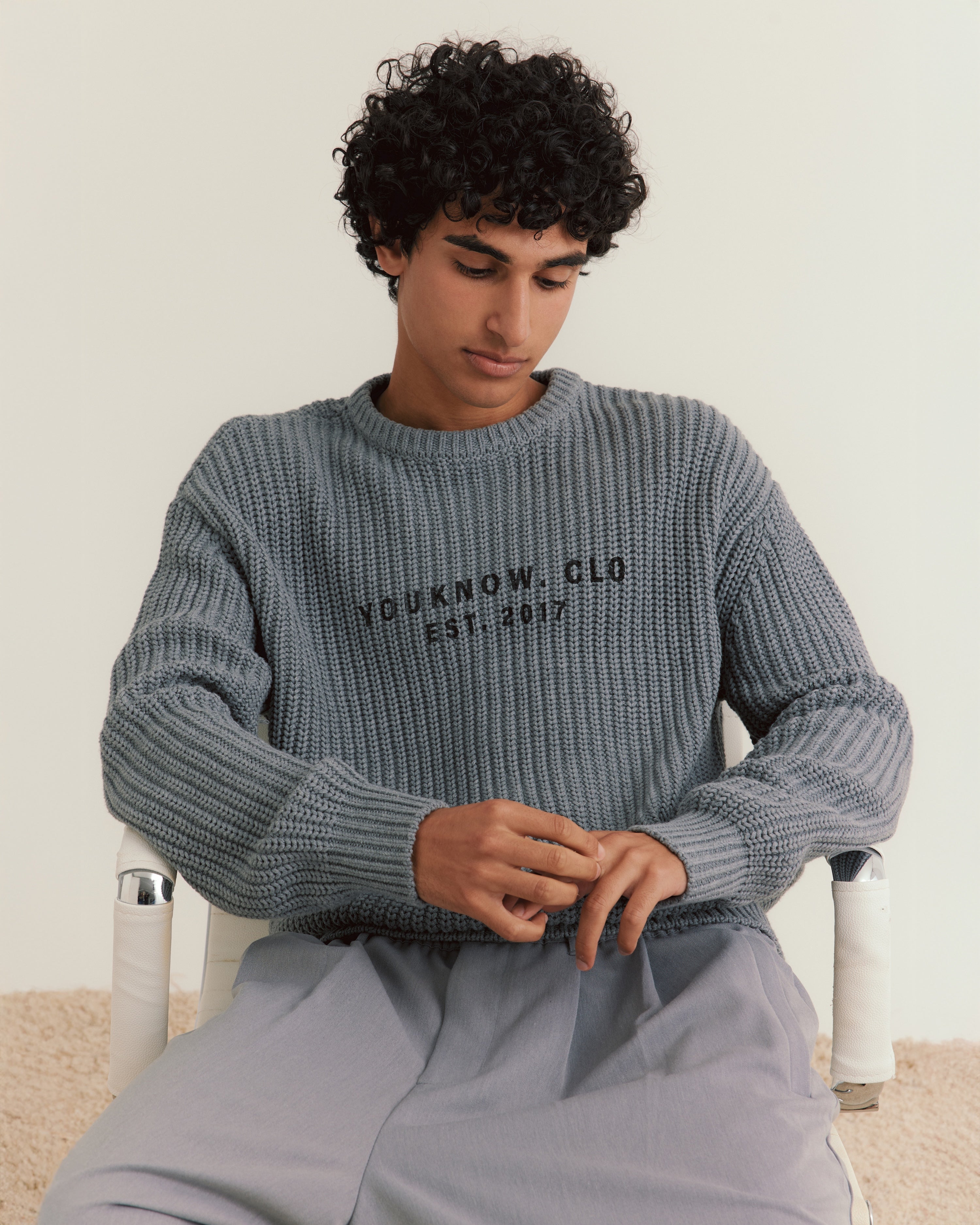Knit Chunky Crew Sweater | Grey-3