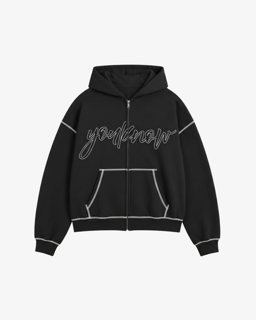 AAKAM　Contrast Patch Zip-Up Hoodie Contrast Stitch Zip Up Hoodie | Black – YOUKNOW. CLOTHING