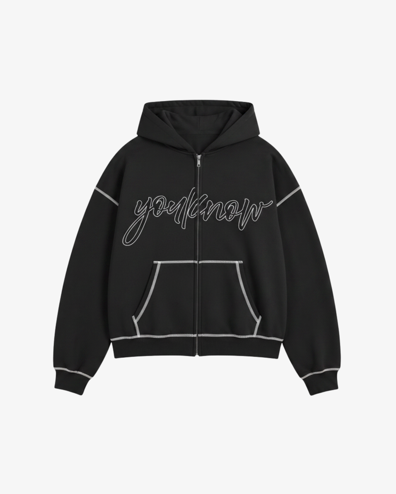 Contrast Stitch Zip Up Hoodie | Black