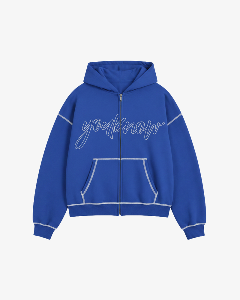 Contrast Stitch Zip Up Hoodie | COBALT BLUE