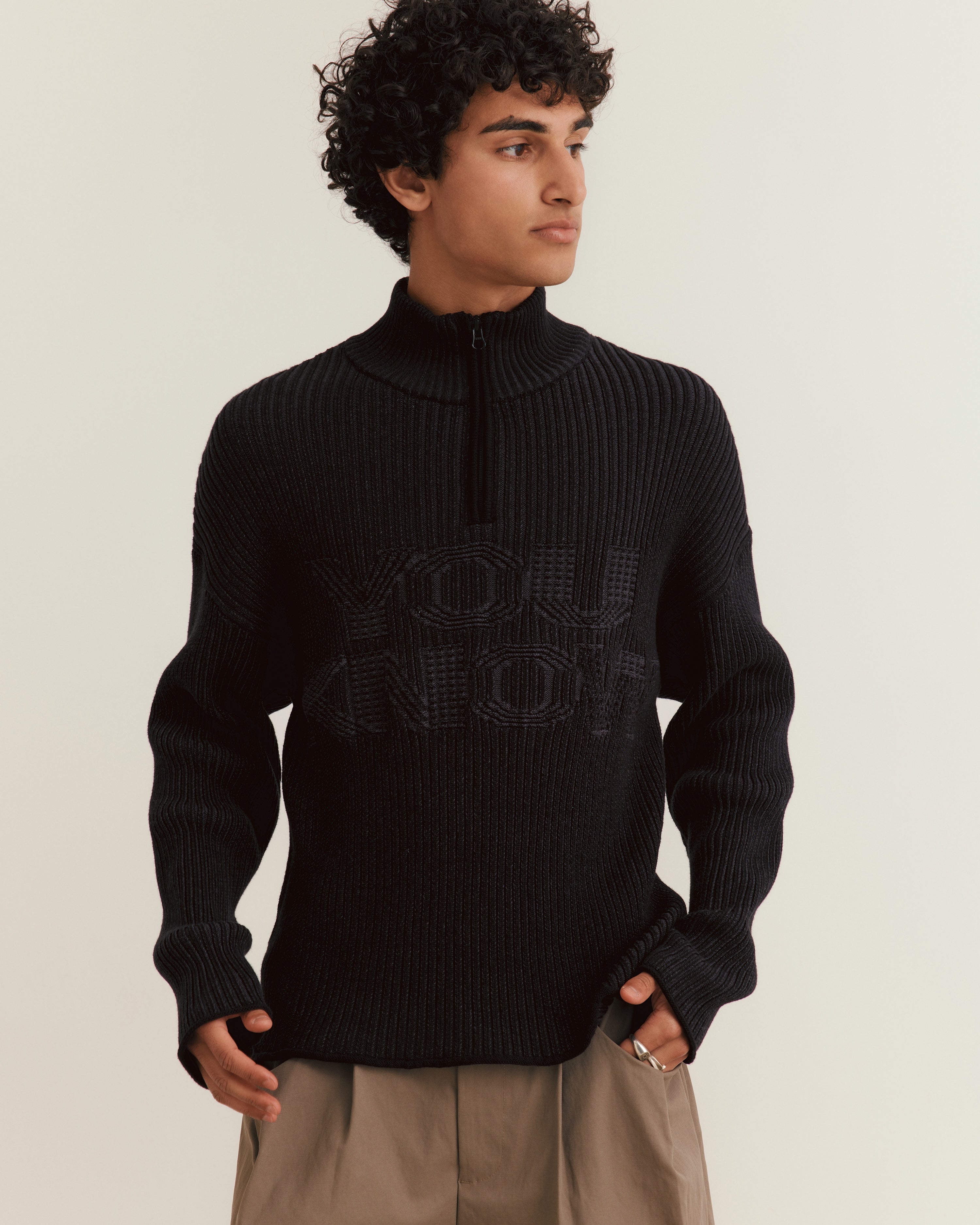 Rib Knit Quarter Zip | Black-2