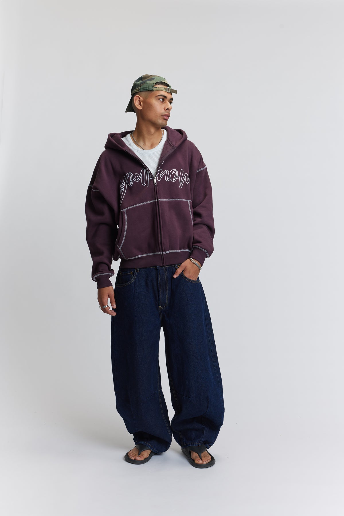 Contrast Stitch Zip Up Hoodie | Plum