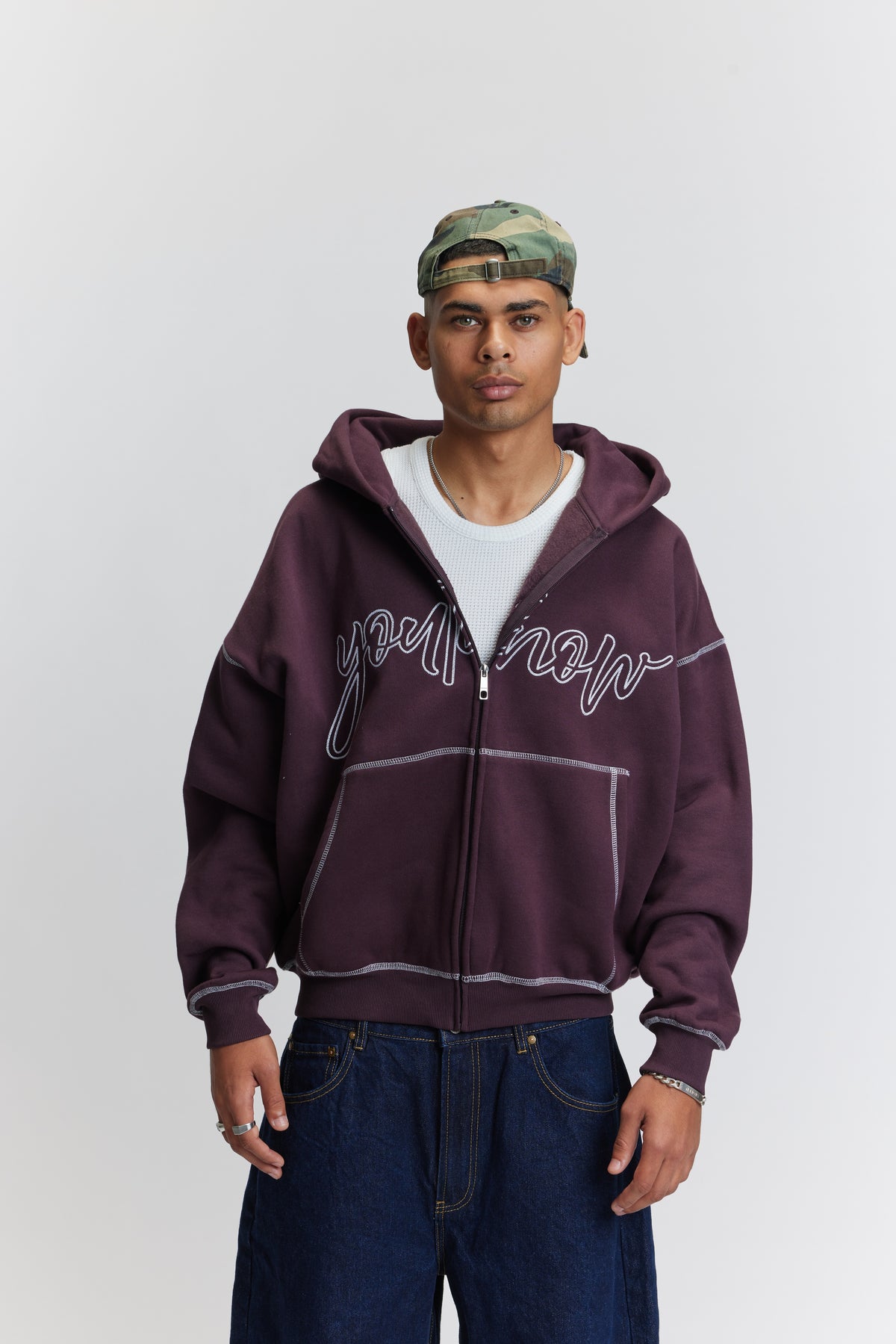 Contrast Stitch Zip Up Hoodie | Plum