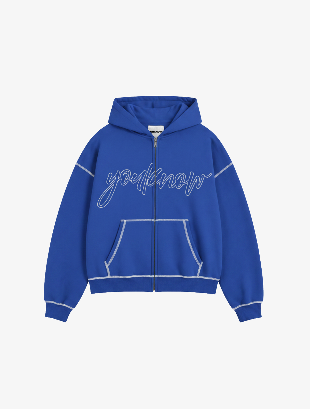 Contrast Stitch Zip Up Hoodie | COBALT BLUE-3