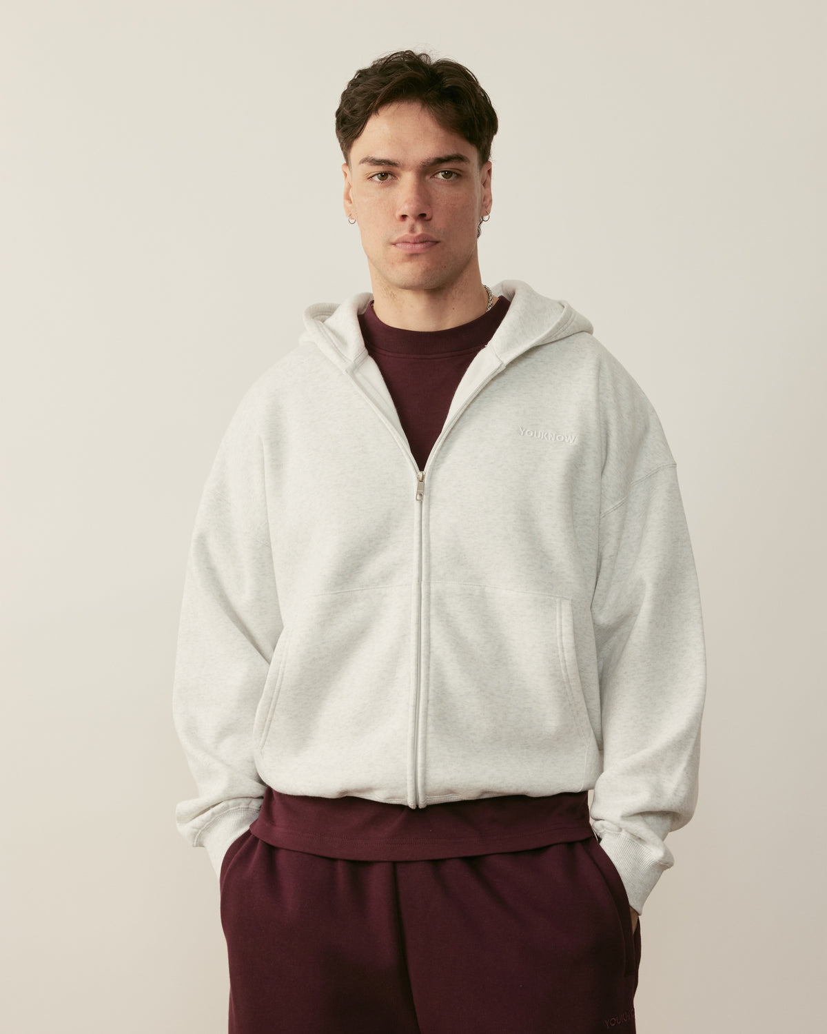 Core Essentials Zip Up Hoodie | White Marle-4