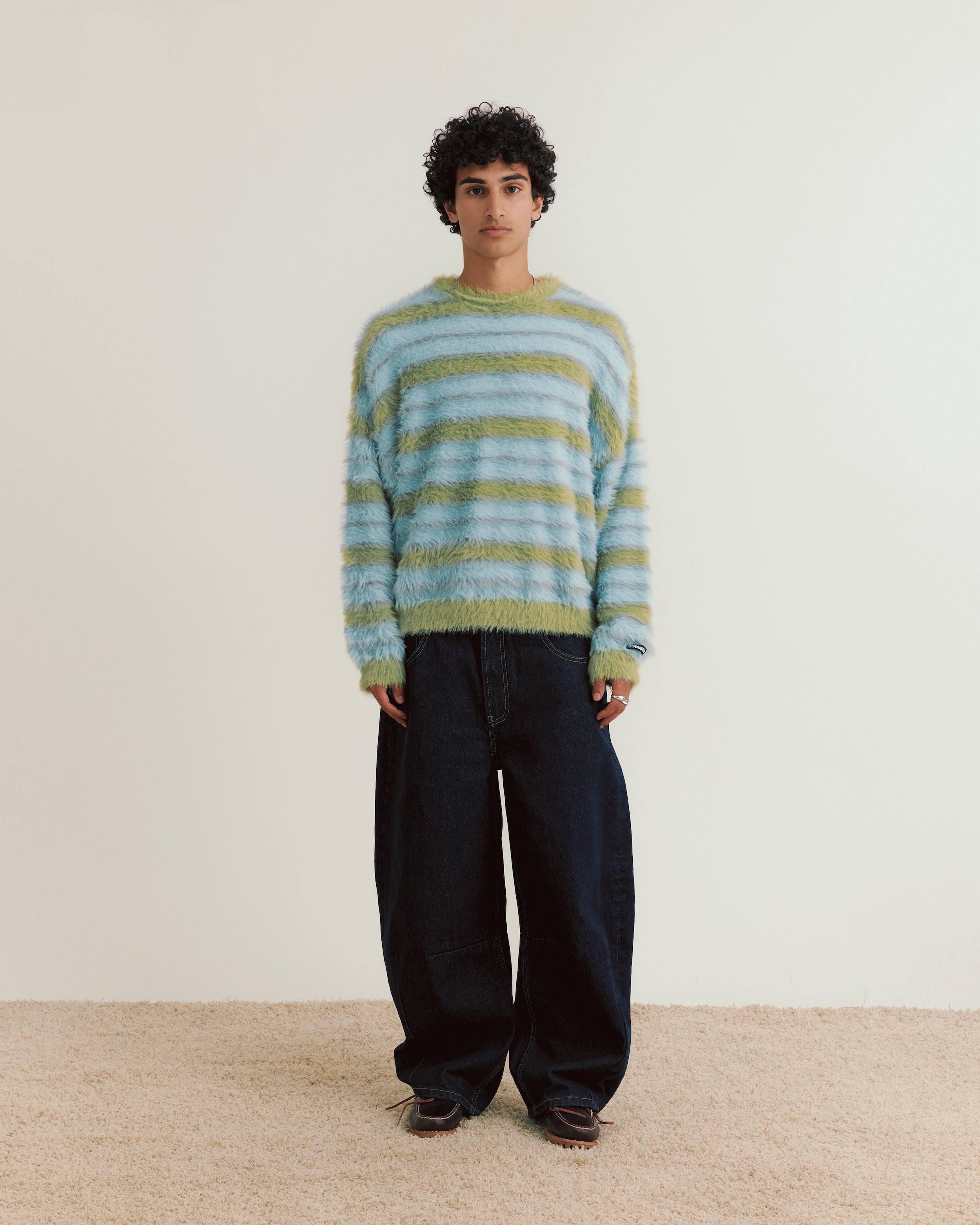 Fluffy Knit Crew Sweater | Blue Stripe-3