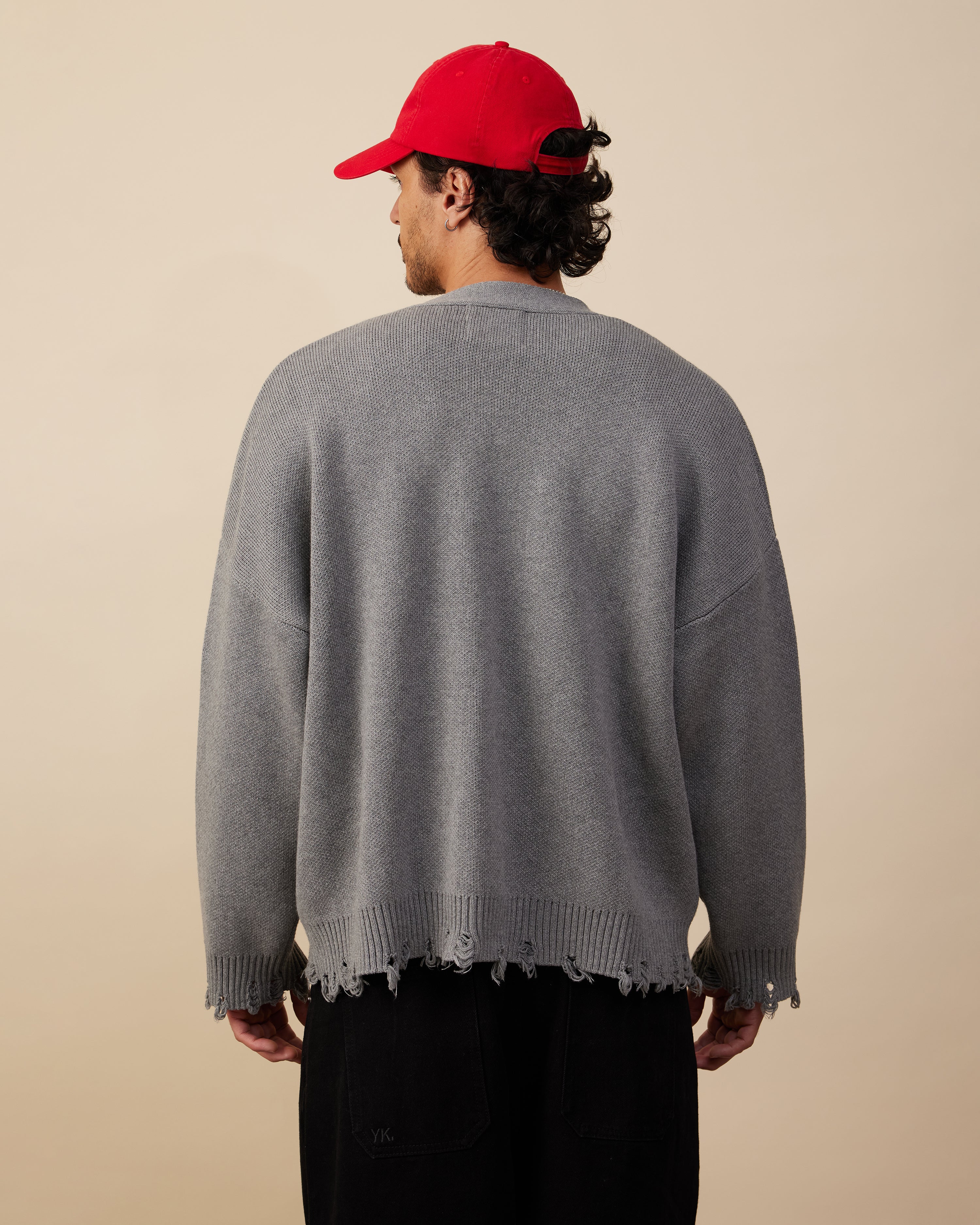 Cotton Knit Boxy Cardi | Distressed Grey Melange-5