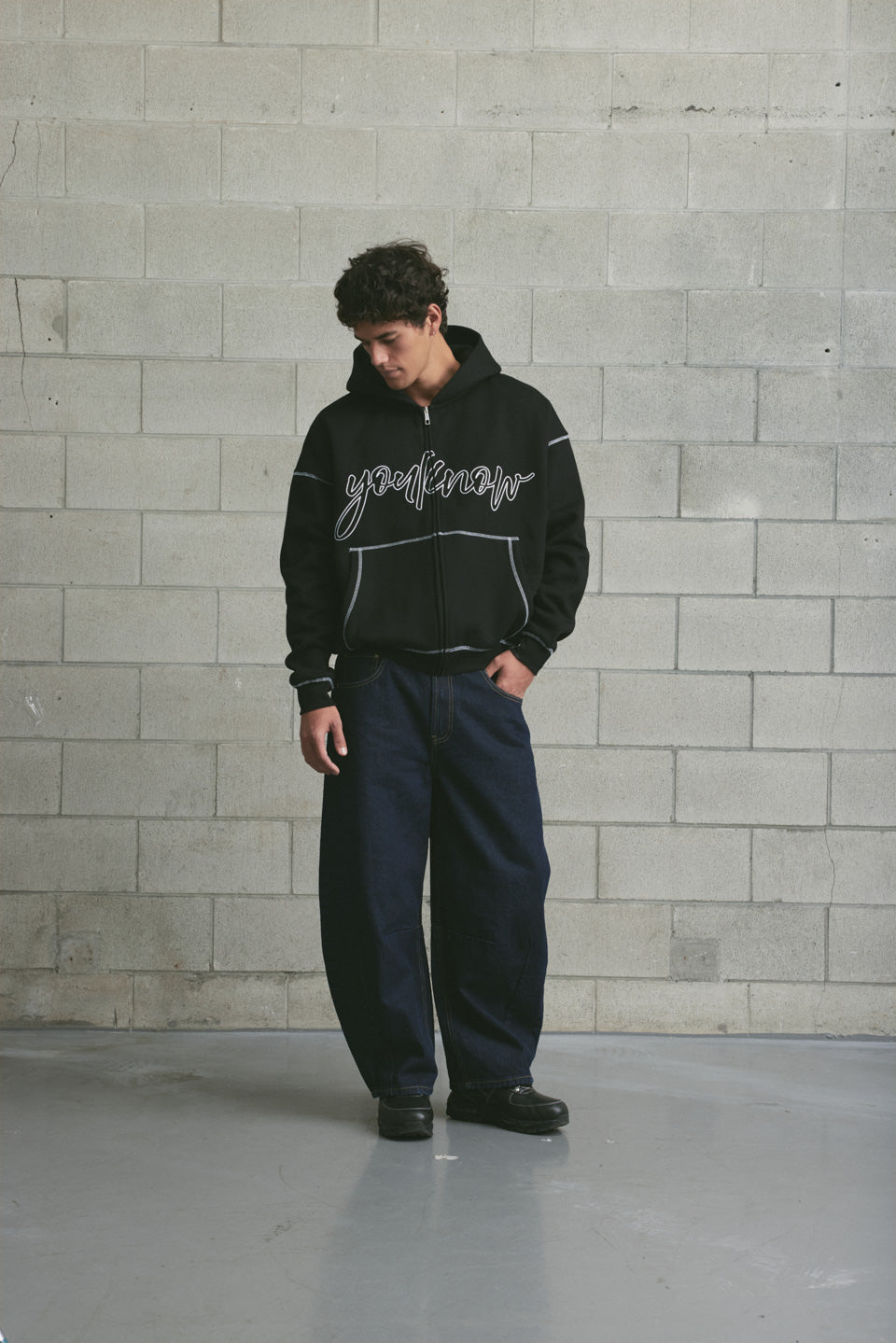 Contrast Stitch Zip Up Hoodie | Black