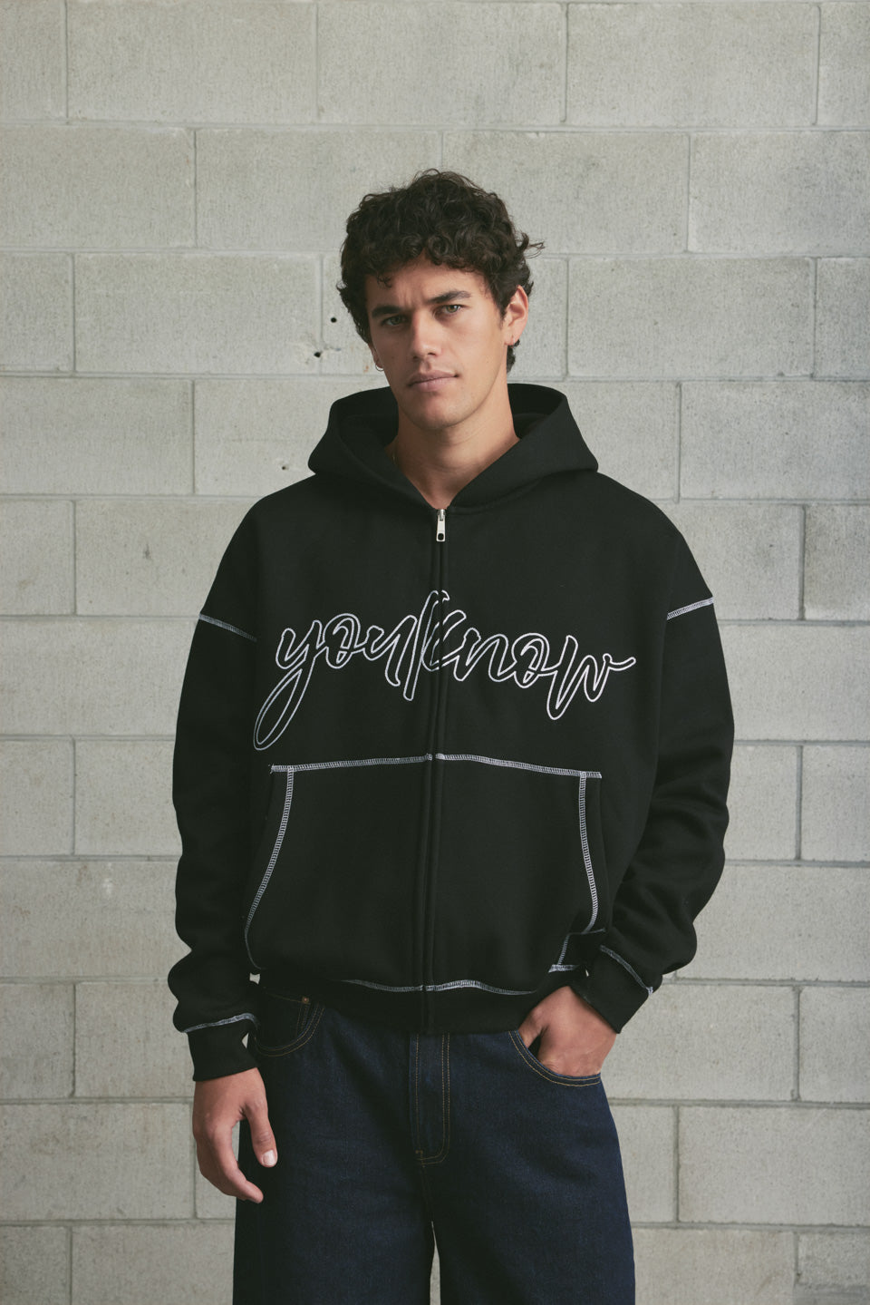 Contrast Stitch Zip Up Hoodie | Black – YOUKNOW. CLOTHING