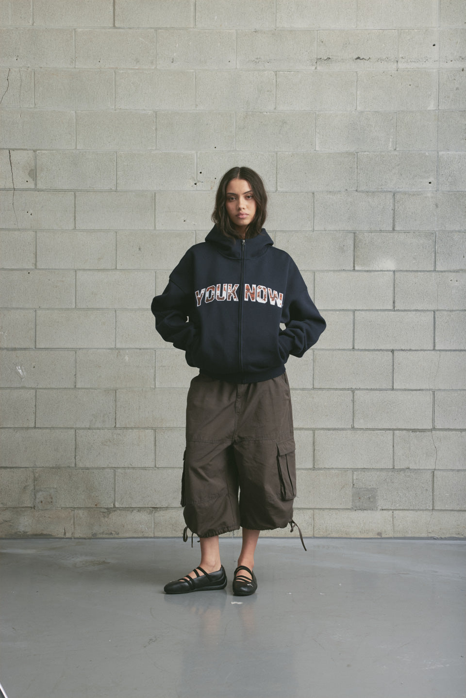 Offset Zip Up Hoodie | Navy/Cow Print
