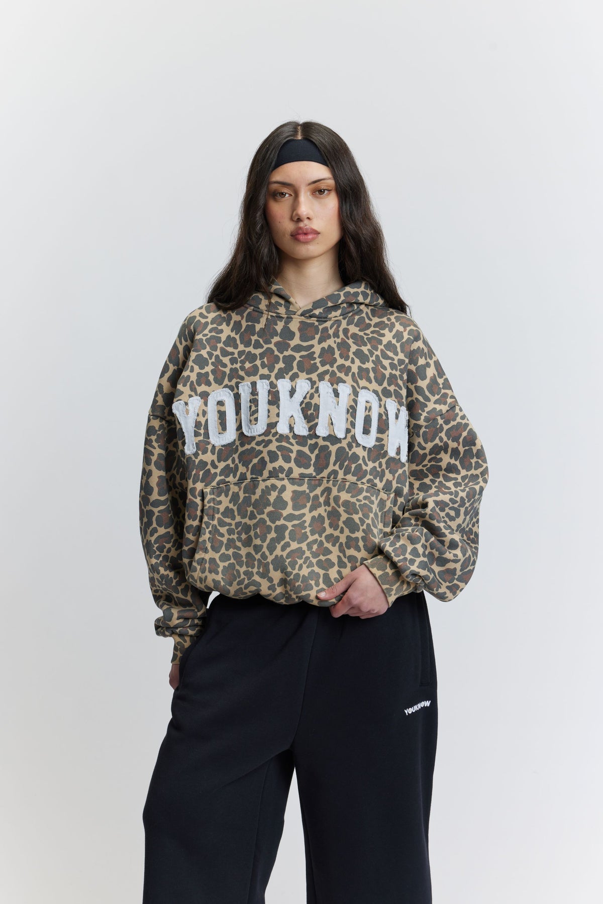 Cotton Applique Hoodie | Washed Leopard