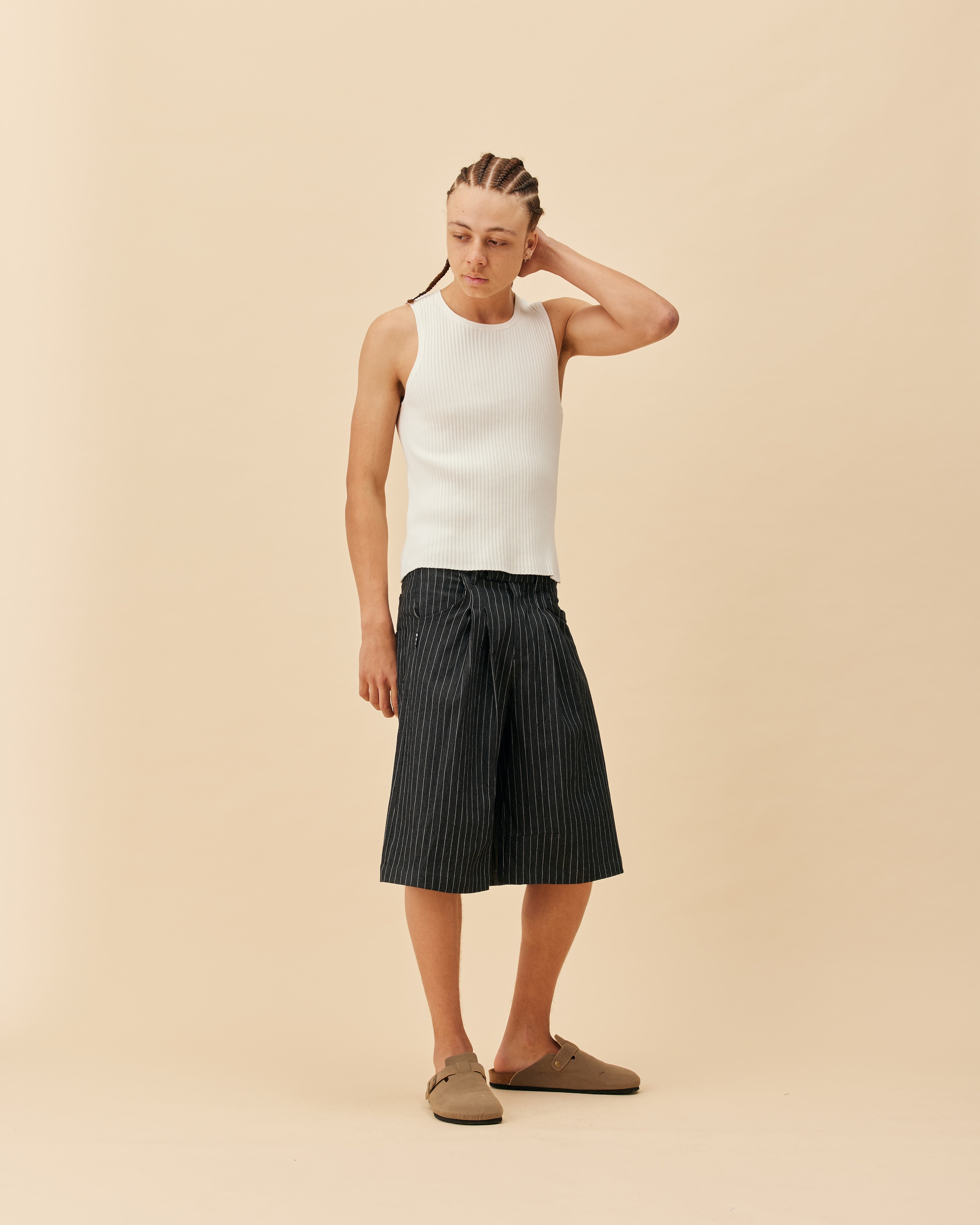 Double Pleated Shorts | NAVY PINSTRIPE – YOUKNOW. CLOTHING