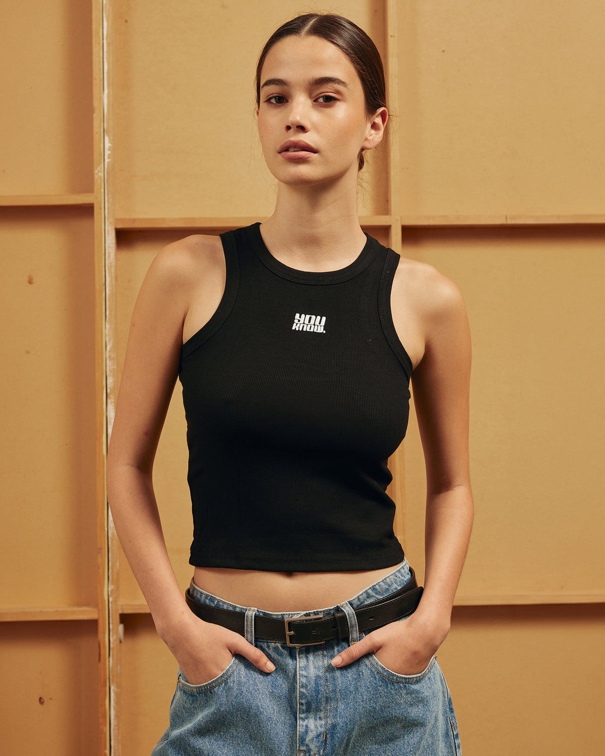 Womens Ribbed Singlet | Black-2